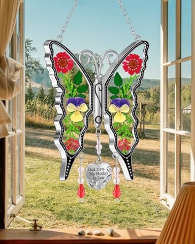 KY&BOSAM Gifts for Mom Suncatcher Butterfly God Bless My Mother-in-Law Gifts Mothers Day Stained Glass Sun Catcher Hanging Wind Chime Ornament for Window Gift for Women Valentine`s Birthday Christmas - Image 3