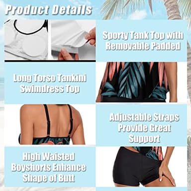 Urchics Womens Gray Tankini Swimsuit Tank Top Two Piece Bathing Suits with Boyshorts Print Leaf XL - Image 3