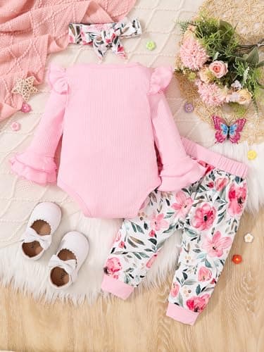 Doresbebe 3-6 Months Baby Girl Clothes Newborn Outfit Infant Romper Fall Winter Deer Pant Set Ruffle Long Sleeve Rib Solid Top Headband Pink - Image 3