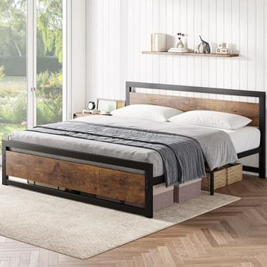 GarveeHome King Size Bed Frame, Industrial King Bed Platform with Headboard No Box Spring Needed, 14 Inch Easy Assemble King Mattress Bedframe, Retro Brown - Image 3