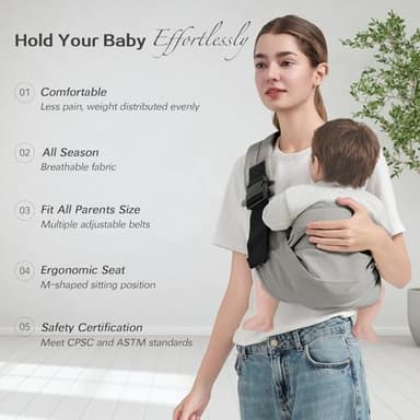 MISSWISDOM Baby Sling Carrier, Toddler Carrier Sling with Double Safety Buckle and Adjustable Shoulder Strap(7-30lbs), Baby Carriers One Size Fits All, Grey - Image 2