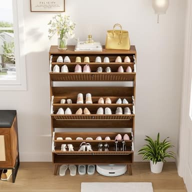 Fsbecl Shoe Storage Cabinet for Entryway with 4 Flip Drawers, Narrow Shoe Organizer with Fluted Panel, Freestanding Wood Hidden Shoe Cabinet for Foyer, Hallway (Walnut, 3 Flip Drawers) - Image 3