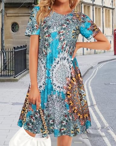 Boho Dresses for Women Summer Spring Sun Beach Tshirt Tie Dye Short Sleeves with Pocket(Bohemian Blue,XL) - Image 3