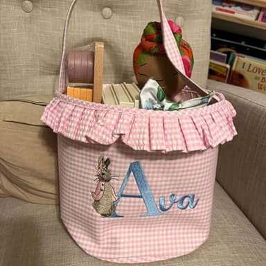 Personalized Easter Basket for Kids - Embroidered Bunny Nursery Storage Tote, Custom Easter Basket in pink/blue plaid, Easter Egg Hunt Bucket - Image 6