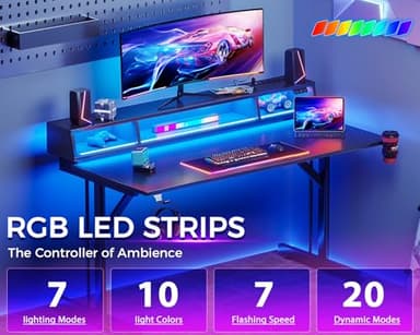 MOTPK 40 inch Gaming Desk with LED Lights & Power Outlets, Small Computer Gaming Table with Float Monitor Stand, Kids Boys Desk with Carbon Fiber Texture - Image 5