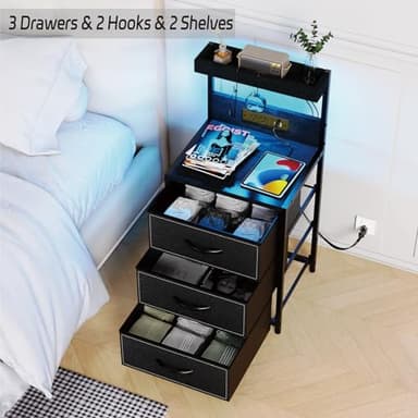 SZLHANJZ LED Nightstand with Charging Station, Night Stand with 3 Drawers and Lights, Storage Side Table with Shelf and Hooks, Tall End Table for Bedside, Bedroom, Modern Black - Image 7