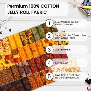 Craftido-18 Options-100% Cotton Jelly Roll Fabric Precut Strips for Quilting, Crafting, and Sewing, 40 Strips 2.5" x 44" Assorted Bundles for Rug, Quilt Project, DIY Craft and Home Decor-Fall Arrival - Image 6