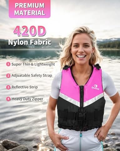 Owntop Swim Vest Adults, Ultra Thin Swim Jacket Mens, Comfortable Crotch Strap Buckles Zipper, Swimming Training, Kayak, Boating, Watersports (Pink, XL/XXL) - Image 3
