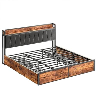LIKIMIO King Bed Frame with 4 Storage Drawers, Platform Bed with Charged Headboard, Sturdy and Stable, No Noise, No Box Spring Needed, Easy to Install, Vintage Brown and Gray - Image 9
