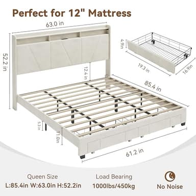 BedsPick Queen Size Bed Frame with LED Lights, Velvet Upholstered Platform Queen Bed Frame with 2 Storage Drawers and Adjustable Headboard, No Box Spring Needed Queen Bedframe (Beige, Queen) - Image 2