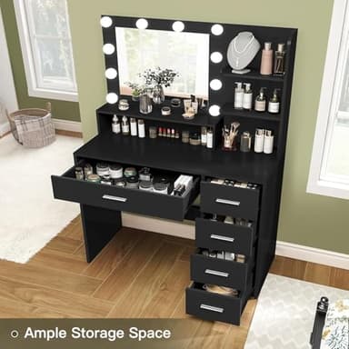 Quimoo Makeup Vanity Desk with Mirror & Lights, Vanity Desk with 5 Drawers & Storage Shelves, Vanity Table, 3 Color Modes & Adjustable Brightness Dressing Table, Bedroom, Black - Image 3