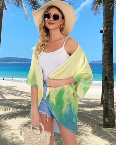 Women's Floral Kimono Print Puff Sleeve Loose Cardigan Cover Up Casual Blouse Tops (Yellow Green Tie-dye, 2XL) - Image 4