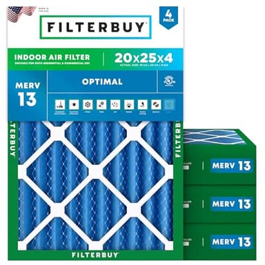 Filterbuy 20x25x4 Air Filter MERV 13 (MPR 1900) Health Defense Replacement (4-Pack), Electrostatic Pleated HVAC AC Furnace Filters, Made in USA (Actual Size: 19.50 x 24.50 x 3.63) - Image 1