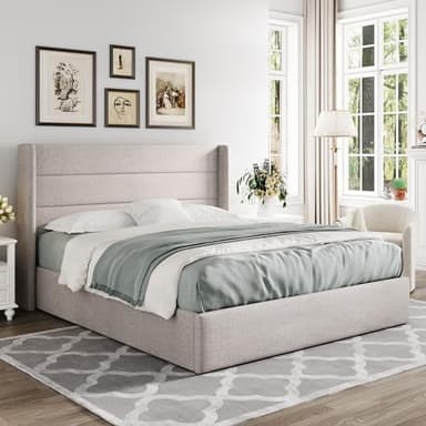 Allewie Queen Size Lift Up Storage Bed, Modern Wingback Headboard, Hydraulic Support, No Box Spring Needed, Light Beige - Image 8