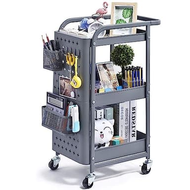 KINGRACK 3-Tier Rolling Cart, Metal Utility Cart with Pegboard, Storage Trolley Organizer Serving Cart with Handle and Extra Baskets Hooks for Kitchen Office Teacher Classroom, Grey - Image 1