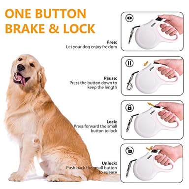 Fida Retractable Dog Leash for Small Breed up to 26 lbs, 16 ft Pet Walking Leash with Dispenser and Poop Bags, Anti-Slip Handle, Reflective Strong Nylon Tape, One-Handed Brake (S, White & Pink) - Image 4