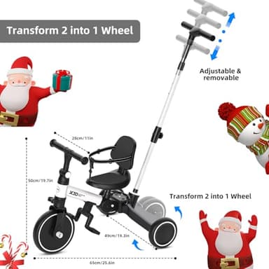 XJD Toddler Bike, 6 in 1 Folding Toddler Tricycle for 1-4 Year Old with Parental Control Handle, Balance Bike with Removable Pedal, Backrest, Adjustable Seat and Handle, First Birthday Gifts (White) - Image 5