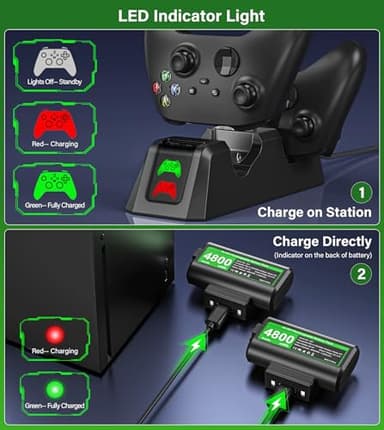 Rechargeable-Battery-Pack-for-Xbox-Controller, 2x4800mWh Batteries Pack with Charging Station for Xbox One/Xbox Series X|S Xbox One S/Xbox One X/Xbox One Elite Controller Charger Dock Accessories - Image 3