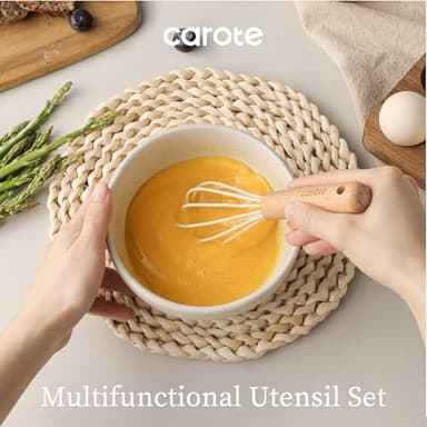 CAROTE Silicone Cooking Utensils Set, Kitchen Utensils Set 10 Pcs for cooking, BPA Free Spatula Set with Heat Resistant Wood Handles for Nonstick Cookware (Cream White) - Image 4