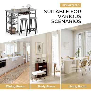 COMHOMA Dining Table Set for 2, Counter Height Kitchen Table and Chairs with Storage Shelves & Wine Rack, Bar Table Set with 2 Bar Stools, 3 Piece Dining Room Table Set for Small Space, Retro Grey - Image 7