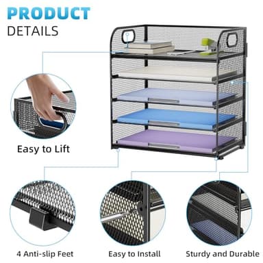 Marbrasse 5 Tier Paper Organizer Letter Tray, Mesh Desk File Organizer with Handle, Paper Sorter Desk Organizer for Home Office Supplies(Black) - Image 4