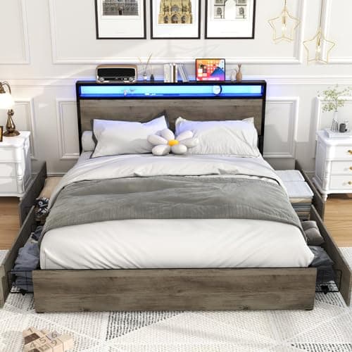 Kiivakii Full Size Bed Frame with 4 Storage Drawers, LED Platform Bed Frames with Headboard, Built in Charging Station, Noise Free, Stable and Solid, No Box Spring Needed, Gray - Image 1