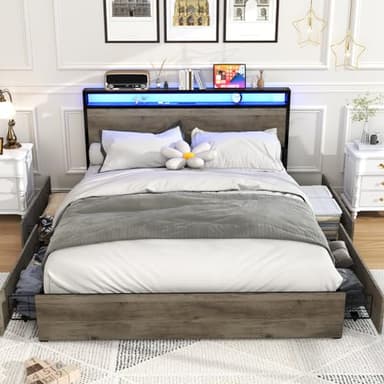 Kiivakii Full Size Bed Frame with 4 Storage Drawers, LED Platform Bed Frames with Headboard, Built in Charging Station, Noise Free, Stable and Solid, No Box Spring Needed, Gray - Image 1