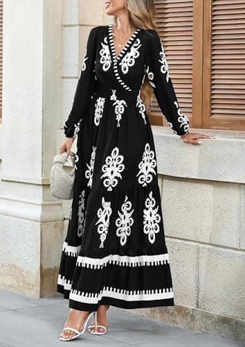 PRETTYGARDEN Women's 2025 Fall Wedding Guest Dresses Boho Floral Long Sleeve V Neck Flowy Elegant Maxi Dress Beach Clothes (Floral Black White,Large) - Image 6