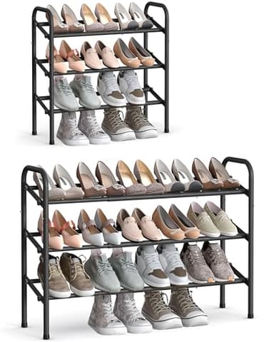 SONGMICS Expandable Shoe Rack, 3 Tier Shoe Rack Shelf, Adjustable Shoe Organizer Storage for 20 Pairs of Shoes, Metal Free Standing Shoe Racks for Closet, Front Door Entryway, Easy Assembly, Ink Black - Image 1
