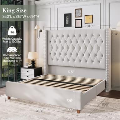 Jocisland King Size Bed Frame with 61.4" Tall Headboard, Velvet Upholstered Wingback Platform Design, Handcrafted Pleats& Deep Button Tufted, Solid Wood Legs, No Box Spring Needed, Cream - Image 3
