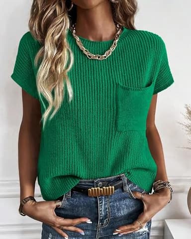 KIRUNDO Summer Fall Short Sleeve Sweater for Women 2025 Casual Sweater Vest Cotton Knit Pullover Tank Tops Fashion Clothing(Green, Small) - Image 4