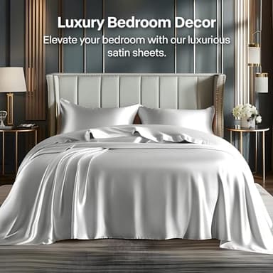 BEDELITE King Size Sheets Set, Luxury Soft Grey Satin Sheets for Hair and Skin, Similar to Silk Bed Sheets Set 4 Pieces with 1 Deep Pocket Fitted Sheet, 1 Flat Sheet, and 2 Pillowcases - Image 2
