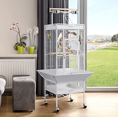 Yaheetech Wrought Iron Bird Cages, Play Top Large Aviary with Stand for Cockatiel Parrot Sun Parakeet Conures Lovebird Budgie Finch African Grey White, 61-inch - Image 3