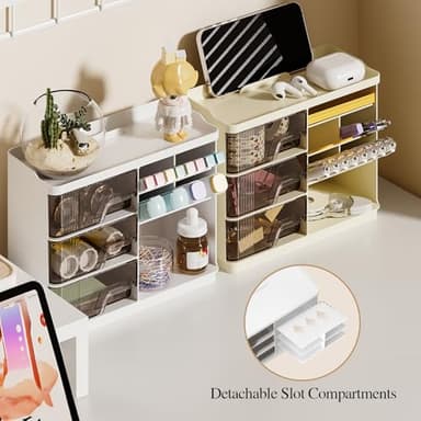 Delamu Makeup Organizer with Drawers, Multi-Function Vanity Organizer Countertop, Stackable Desk Organizer for Makeup Brush Lipstick Skincare Bathroom Vanity Organization and Storage, White - Image 5