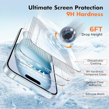 UNBREAKcable 3-Pack Screen Protector for iPhone 15, Double Shatterproof Tempered Glass [Easy Installation Frame] [9H Hardness] [99.99% HD Clear] [Case Friendly] for iPhone 6.1 inch - Image 4