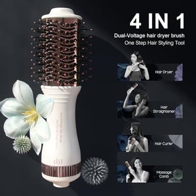 Travel Dual Voltage Hair Dryer Brush 4-IN-1 Portable Mini Hot Air Blow Dryer Straightener & Curler Brush, Titanium Round Blowout Styler Volumizer Tools, 110/240V US/EU/UK Plug for International Travel - Image 4