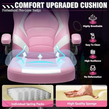 BestGlory Gaming Chair, Leather High-Back Home Office Desk Chair with Flip-Up Arms, Ergonomic Padded Rolling Wheels Swivel Tilt Gamer Computer Chair with Comfy Lumbar Support, Height Adjustable, Pink - Image 5