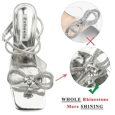 Zzheels Double Bowknots Crystal Sandals Clear Slingback Heels Square Toe Shoes for Party Wedding Dating Silver US8 - Image 3