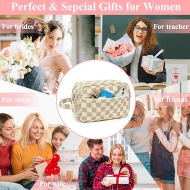 LEDAOU 2Pcs Travel Makeup Bag Cosmetic Bag Small Corduroy Makeup Pouch with Zipper Cute Travel Toiletry Essentials for Women Teen Girls (Brown Checkerboard) - Image 4