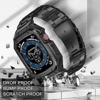 BAITEYOU Stainless Steel Watch Band with Case Compatible with Apple Watch Series 9 8 7 45mm, Rugged Strap with Metal Protective Bumper Cover for iWatch Bands Men (Black) - Image 3