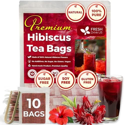 FreshDrinkUS, Premium 10 Hibiscus Flowers Tea Bags, 100% Natural, Pure from Hibiscus Flowers. Loose Flower Hibiscus Herbal Tea. Hibiscus Flower Tea. No Sugar, No Caffeine, No Gluten, Vegan. - Image 1