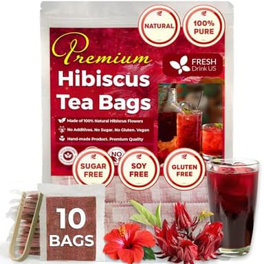 FreshDrinkUS, Premium 10 Hibiscus Flowers Tea Bags, 100% Natural, Pure from Hibiscus Flowers. Loose Flower Hibiscus Herbal Tea. Hibiscus Flower Tea. No Sugar, No Caffeine, No Gluten, Vegan. - Image 1