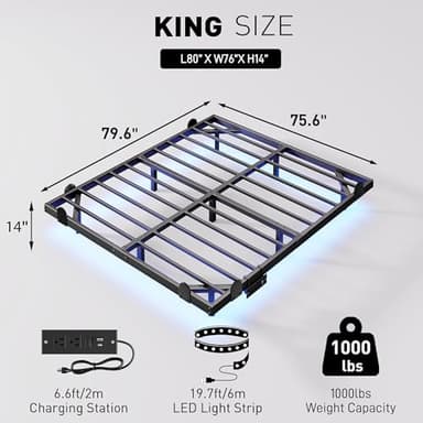 qimamo 14 Inch Floating King Bed Frame with Smart LED Lights and Charging Station, Modern Metal King Bed Frame, Easy to Assemble, No Box Spring Needed - Image 2