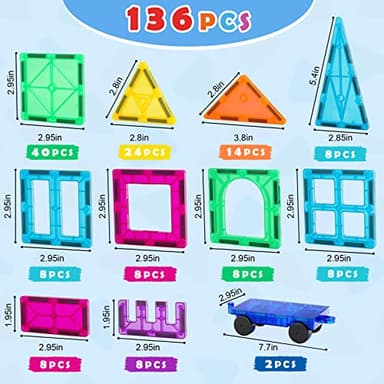 Gemmicc Magnetic Tiles, Deluxe 136 PCS Building Blocks Magnet Toys for Kids,3D Magnet Puzzles Stacking Blocks for Boys Girls,Huge Set with 2 Cars - Image 3