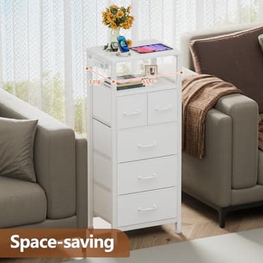 Furnulem Dresser for Bedroom, Tall Nightstand, Vertical Chest with Wood Top, Charging Station, LED Lights, 5 Fabric Bins, Bedside Table with Shelf, Furniture for Entryway (5 Drawer, White) - Image 5