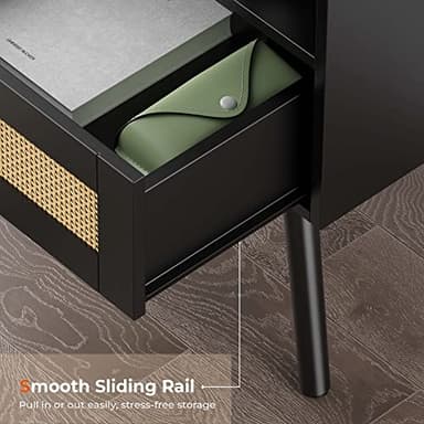 SUPERJARE Nightstands with Charging Station, Bedside Table Set of 2 with PE Rattan Drawers, Rattan Side Table with Storage & Solid Wood Feet, End Table for Bedroom, Black - Image 8