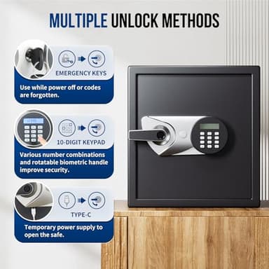 BlackSmith Biometric Safe Box 1.5 Cub Home Security Safe Fingerprint Recognition Money Safe with Keys Keypad Lock Box Secure Jewelry Valuables with Dual Alarm System Fireproof Bag, Black - Image 3