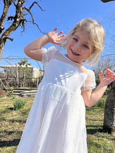 Arshiner Toddler Girls Tulle Summer Puff Sleeve Baby Girls Tutu Princess Party Casual Dress 4-5 Year White - Image 2