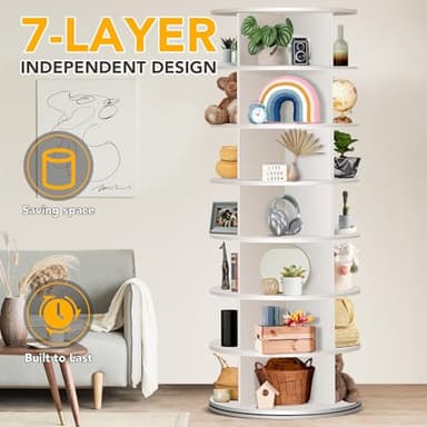 RUNSUNSPRI 7 Tier Rotating Shoe Rack, 360° Revolving Free Standing Shoe Organizer, Multifunctional Storage Revolving Shoe Rack Tower, Spinning Shoe Display Lazy Susan (White) - Image 5