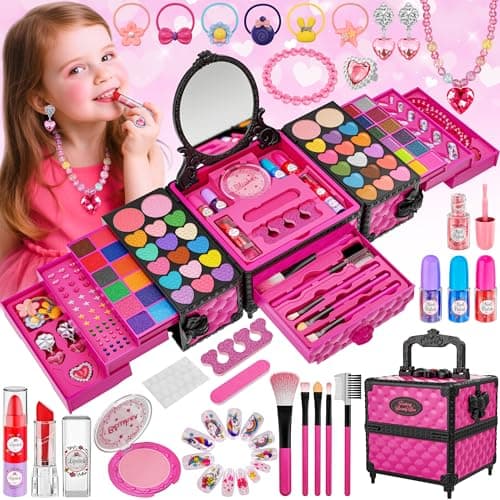 99 Pcs Kids Makeup Kit for Girls, Princess Toys Real Washable Cosmetics Set with Mirror, Hair Ties, Nails, Rings, Earrings, Necklace, Perfect for 3 4 5 6 7 8 Year Old Girls Birthday - Image 1